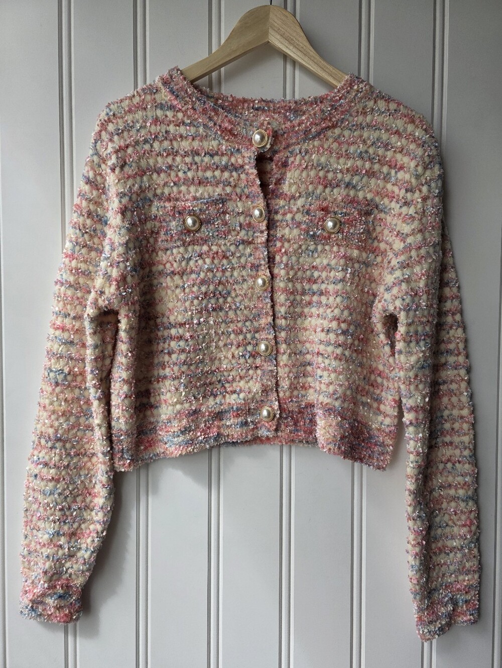 Cider Round Neckline Button Cropped Tweed Cardigan Pink Medium